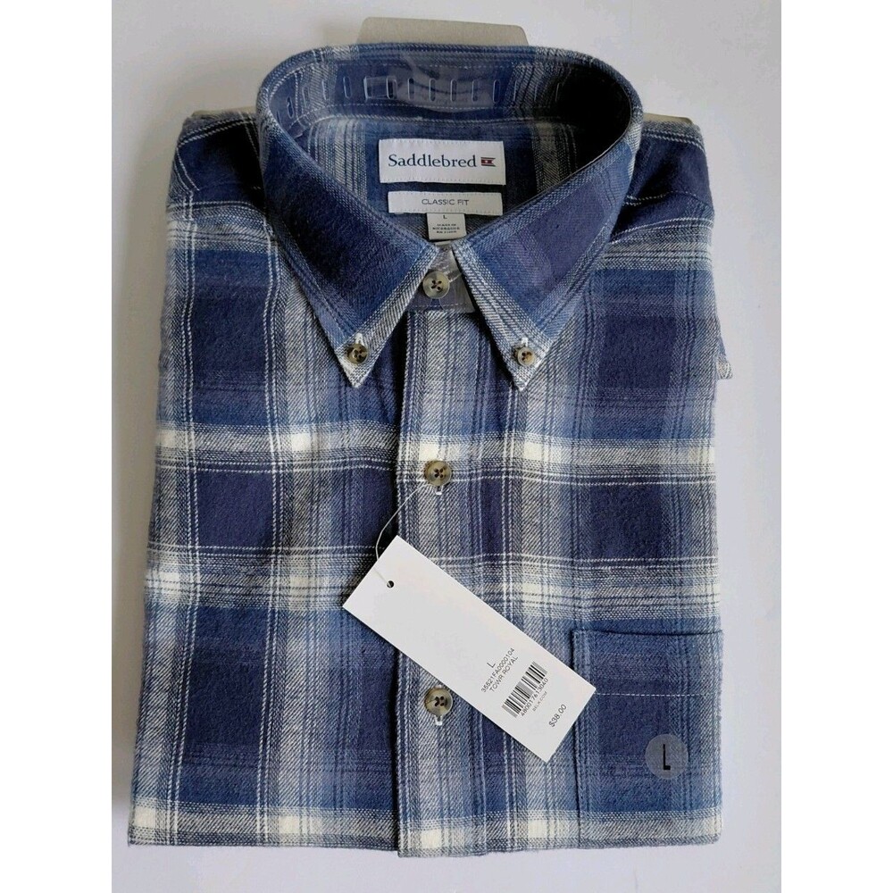 NWT Saddlebred Men's Blue/White Plaid Flannel Button-up Shirt 100% Cotton Size L